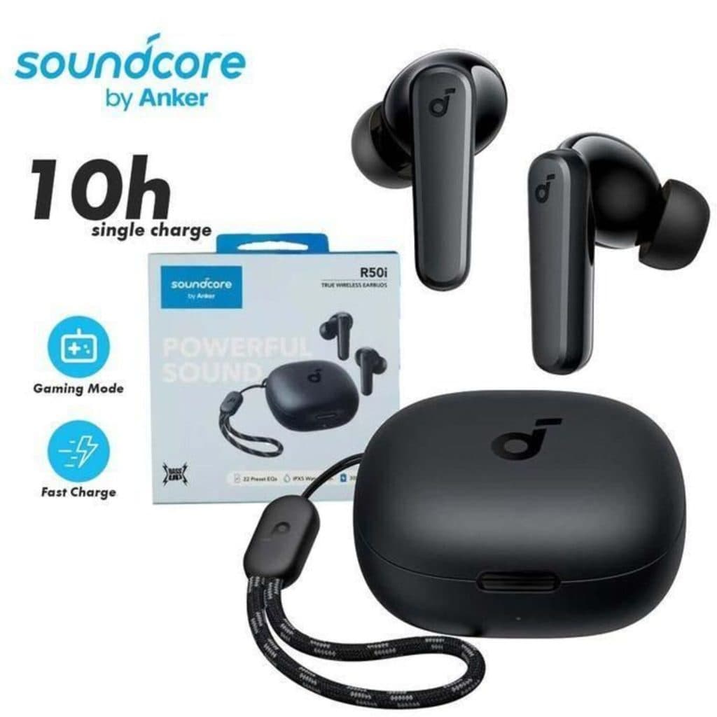 Anker Écouteurs Soundcore R50i True Wireless (TWS) – Pilotes de 10 mm avec Big Bass – Bluetooth 5.3 – Autonomie de 30 heures – Étanchéité IPX5 – Appels clairs IA avec 2 micros – 22 égaliseurs